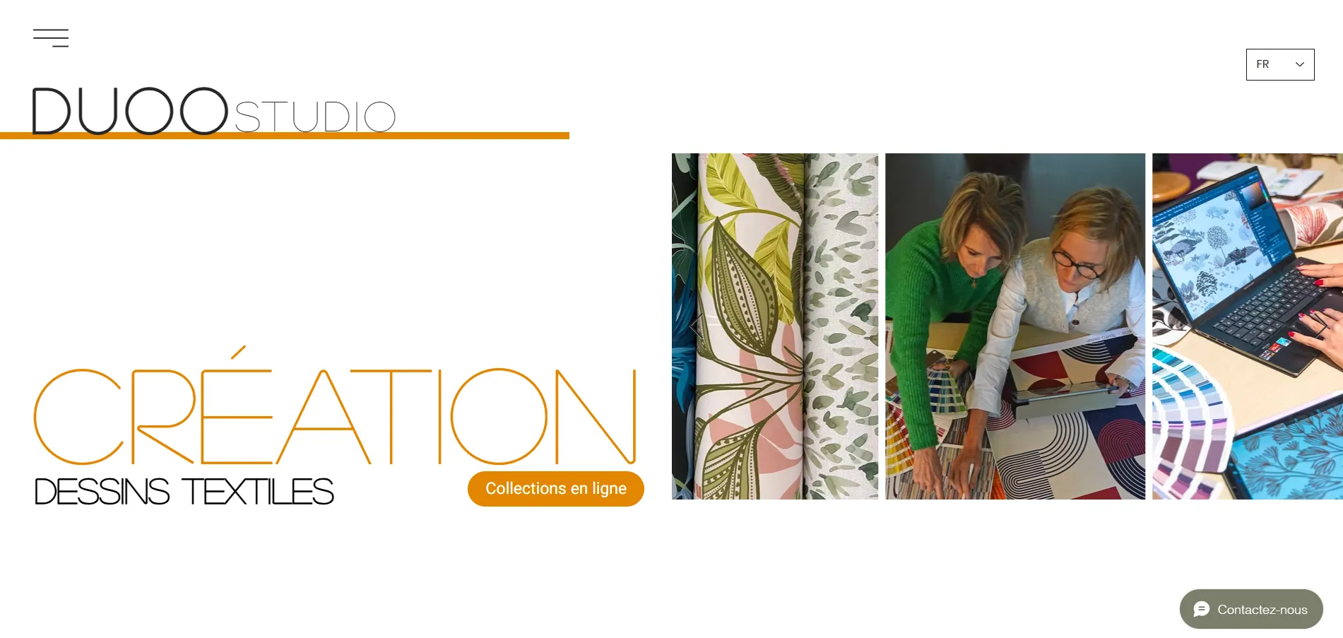Page d'accueil du site Duoo Studio : titre « Création dessins textiles » en lettres capitales orange safran, photos des créatrices au travail et rouleaux de tissus à motifs