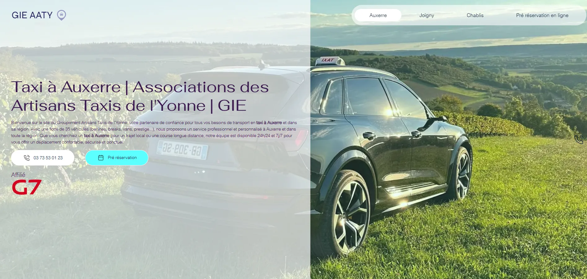 Page d'accueil du site du GIE AATY : SUV noir avec enseigne taxi dans les vignes de l'Yonne, titre violet « Taxi à Auxerre » et bouton de pré-réservation cyan