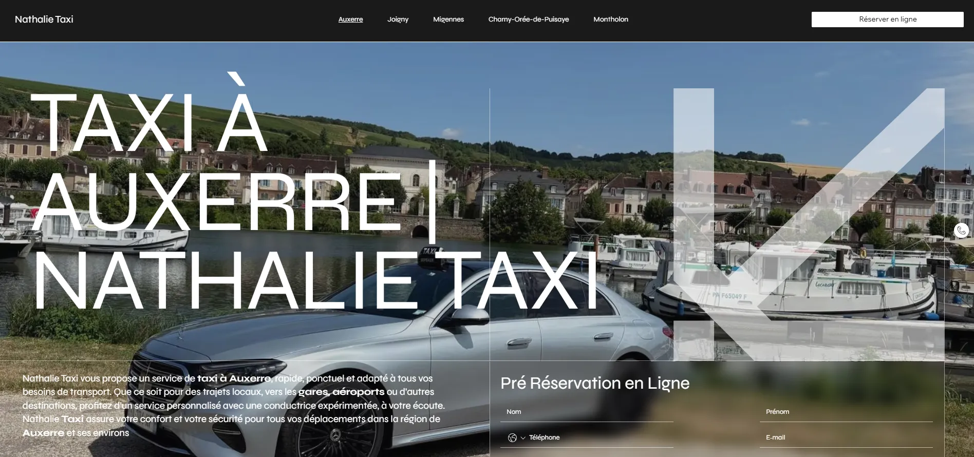 Page d'accueil du site Nathalie Taxi : berline argentée devant les quais d'Auxerre, titre « Taxi à Auxerre » et formulaire de pré-réservation en ligne