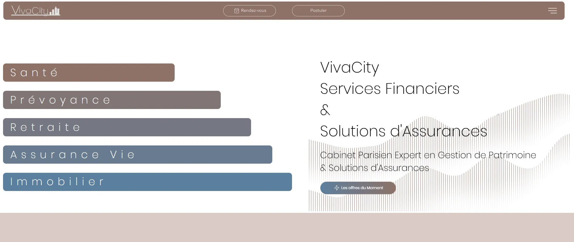 Page d'accueil du site VivaCity : diagramme des cinq expertises (santé, prévoyance, retraite, assurance vie, immobilier) aux tons taupe et gris bleuté, avec boutons de prise de rendez-vous